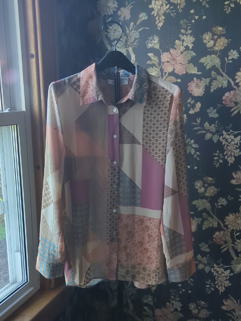 Rose + Olive Geometric Patchwork Long-Sleeve Shirt - Pink Beige Size M
